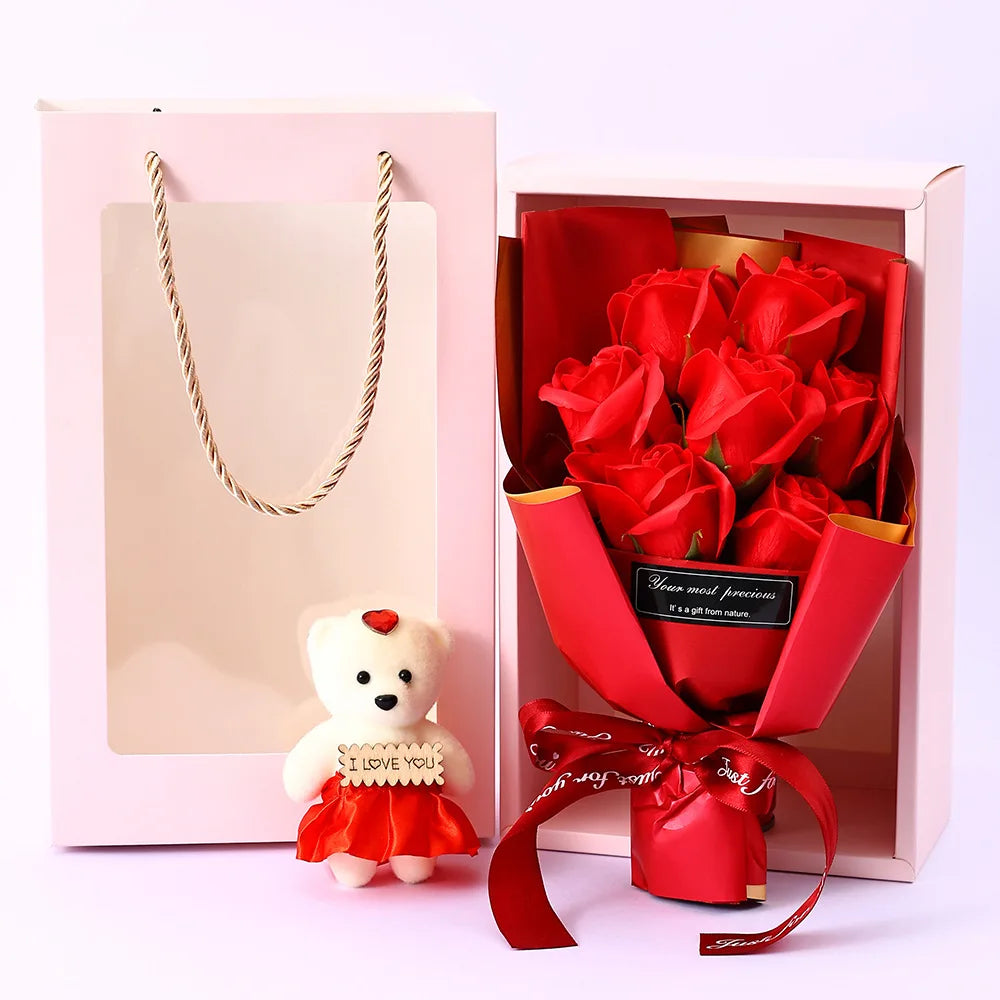 Romantic Fake Rose Bouquet in Gift Box with Cute Teddy Bear Premium Soap Flower Arrangement Perfect Gift for Valentine's Day Oasis Select A