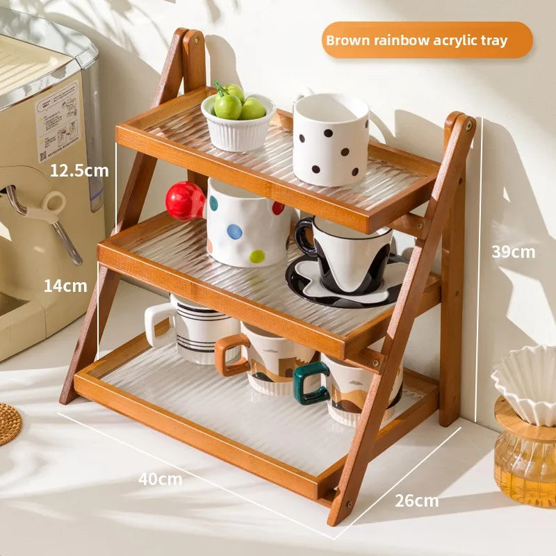 Foldable Shelf Desktop Small Hand-brewed Coffee Corner Arranger Bar Table Coffee Cup Storage Display Rack Oasis Select Brown CH 40cm