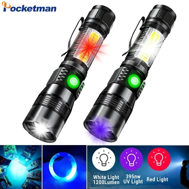 Multifunctional USB Rechargeable 7 Lighting Modes Flashlight Red/White/UV Light LED Super Bright Torch Magnetic Work Light 1 PC Oasis Select