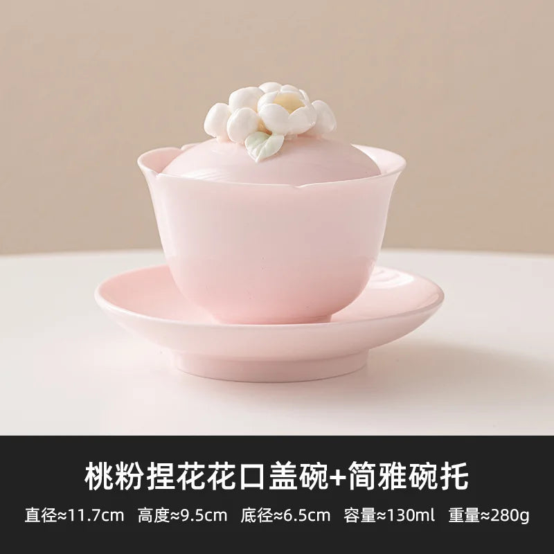 Peach Pink Pinch Flower Sancai Gaiwan Tea Cup Single High-end Handmade Household Ceramic Kung Fu Tea Set Tea Bowl Large Size Oasis Select No Specification Mouth Covered Bowl