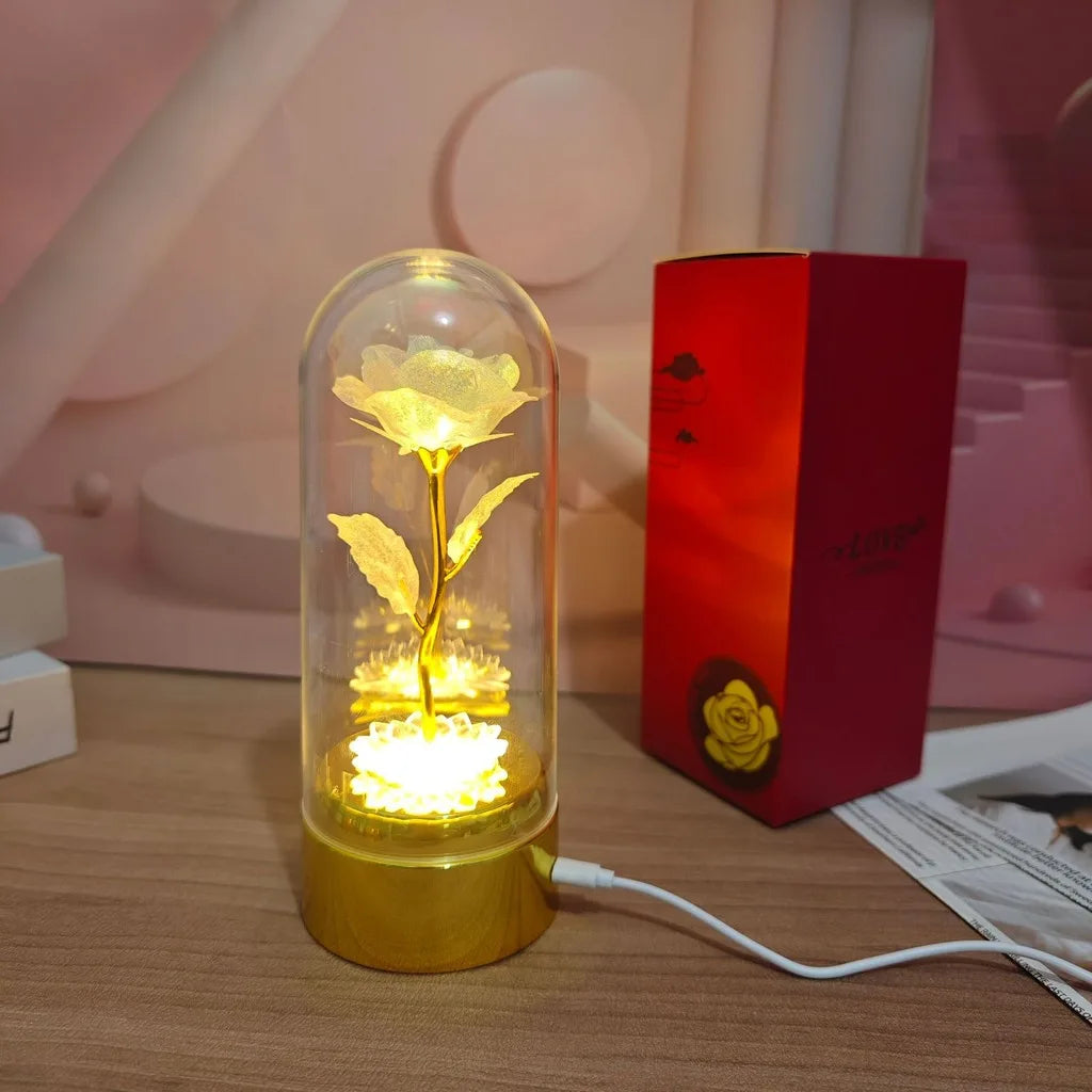 Never Beauty and the Beast Rose with Rose in Clear Dome with Led Light Powered by Battery Gift for Birthday Wedding Valentines Oasis Select Gold-2