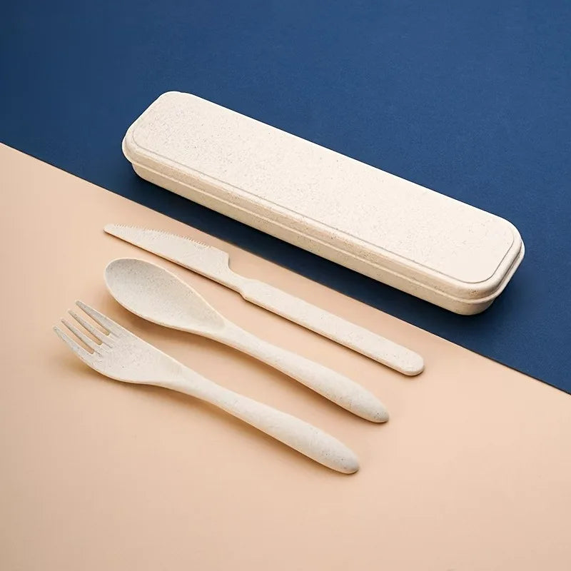 3pcs Outdoor Travel Knife, Fork, and Spoon Cutlery Set with Storage Box, Reusable Lightweight Utensils for Travel, Work, School Oasis Select beige