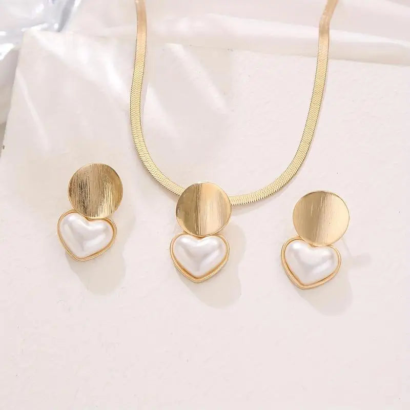 2Pcs Minimalist Creative Heart-shaped Pendant Snake Chain Necklace Earrings Sets For Women Jewelry Oasis Select