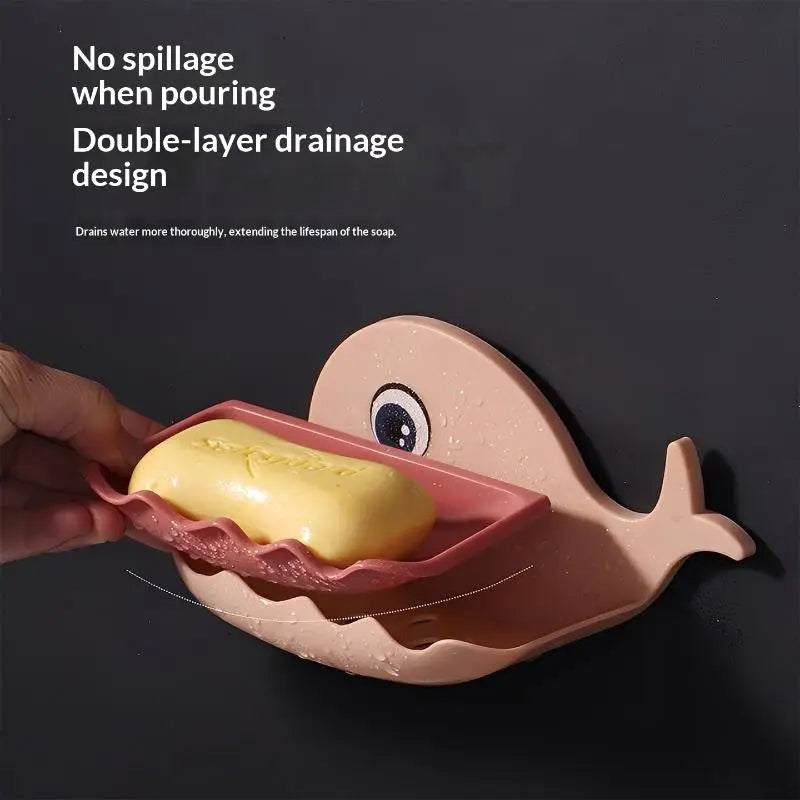 SU 1PCS No-Drill Adhesive Soap Dish, Creative Whale-Shaped Soap Holder With Drainage For Bathroom Double-layer Drain Soap Box Oasis Select