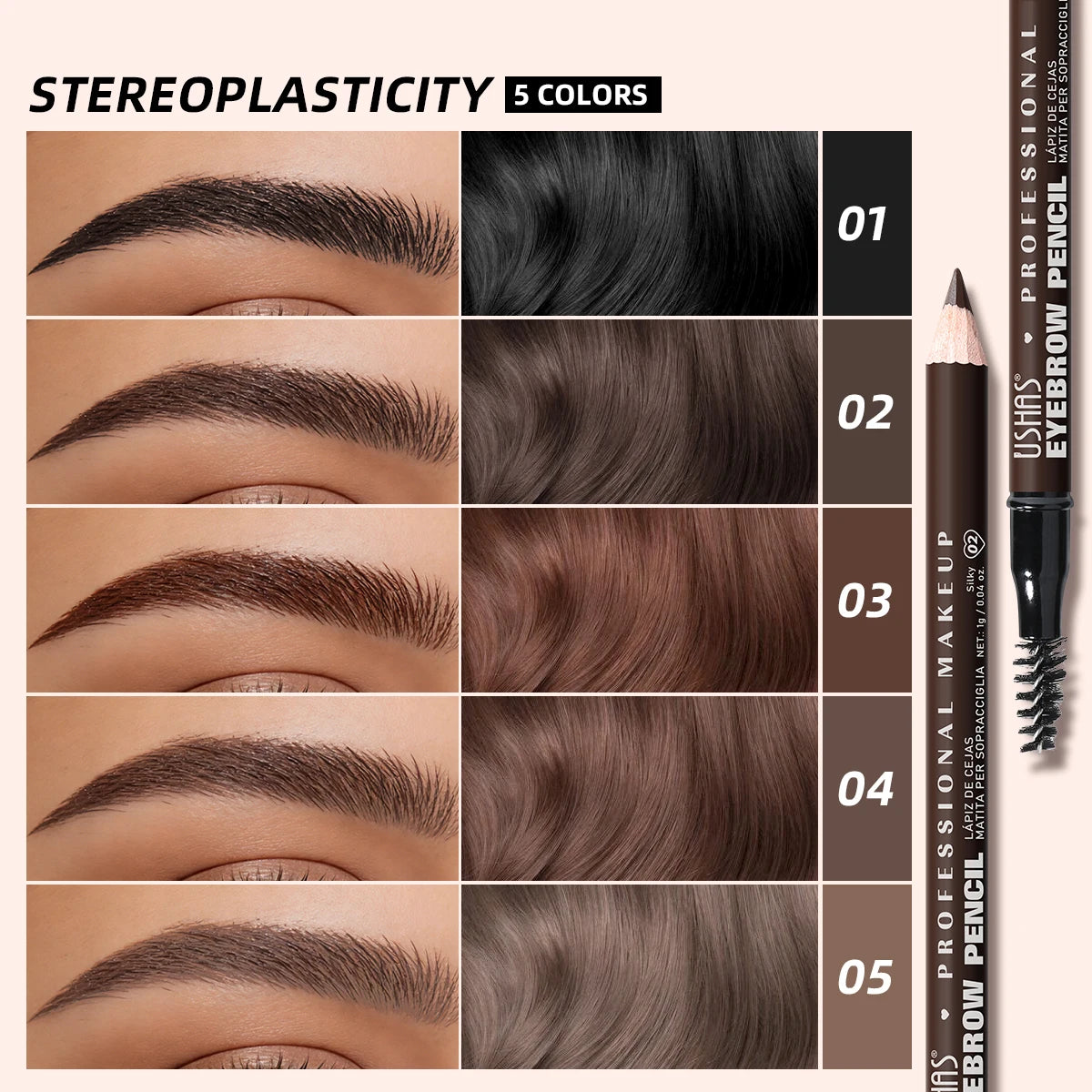 USHAS 2-in-1 Waterproof Eyebrow Pencil & Spoolie – 5 Colors