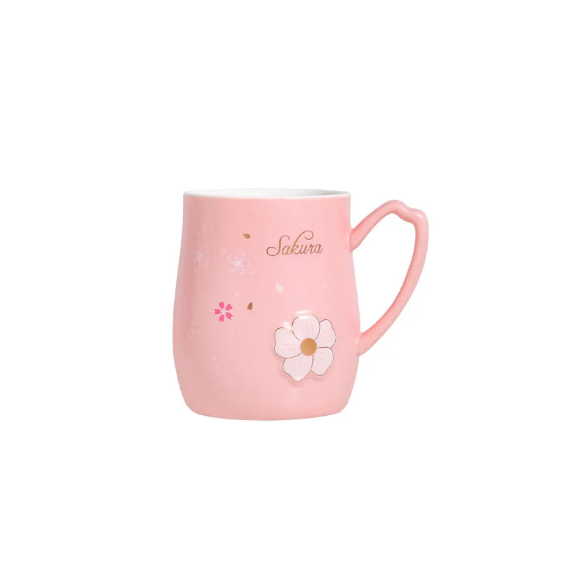 Relief Cherry Blossom Ceramic Mug With Lid Spoon Heat-resistant Mugs Milk Coffee Cup Couple Tea Juice Cups Drinkware Oasis Select