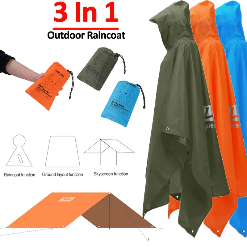 Outdoor 3 In 1 Raincoat Hooded Sleeve Long Waterproof Rain Poncho Motorcycle Rain Cover Camping Hiking Travel Rainwear Tent ﻿ Oasis Select
