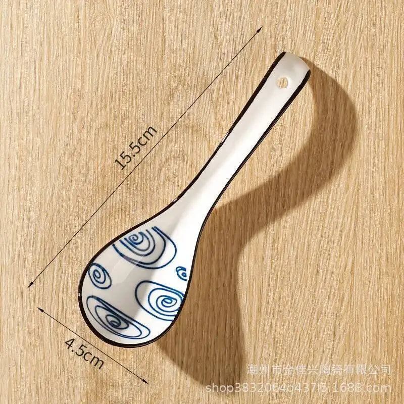 Japanese-style Small Blue And White Ceramic Spoon With Underglaze Decoration, Extended Length For Soup And Noodle Serving Oasis Select 3