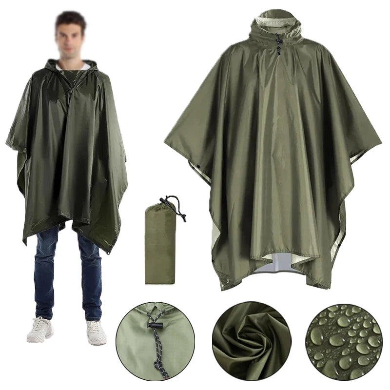 3-in-1 Outdoor Military Raincoat with Hood and Sleeves Waterproof Poncho Motorcycle Rain Cover Camping Hiking Raincoat Tent Oasis Select army green