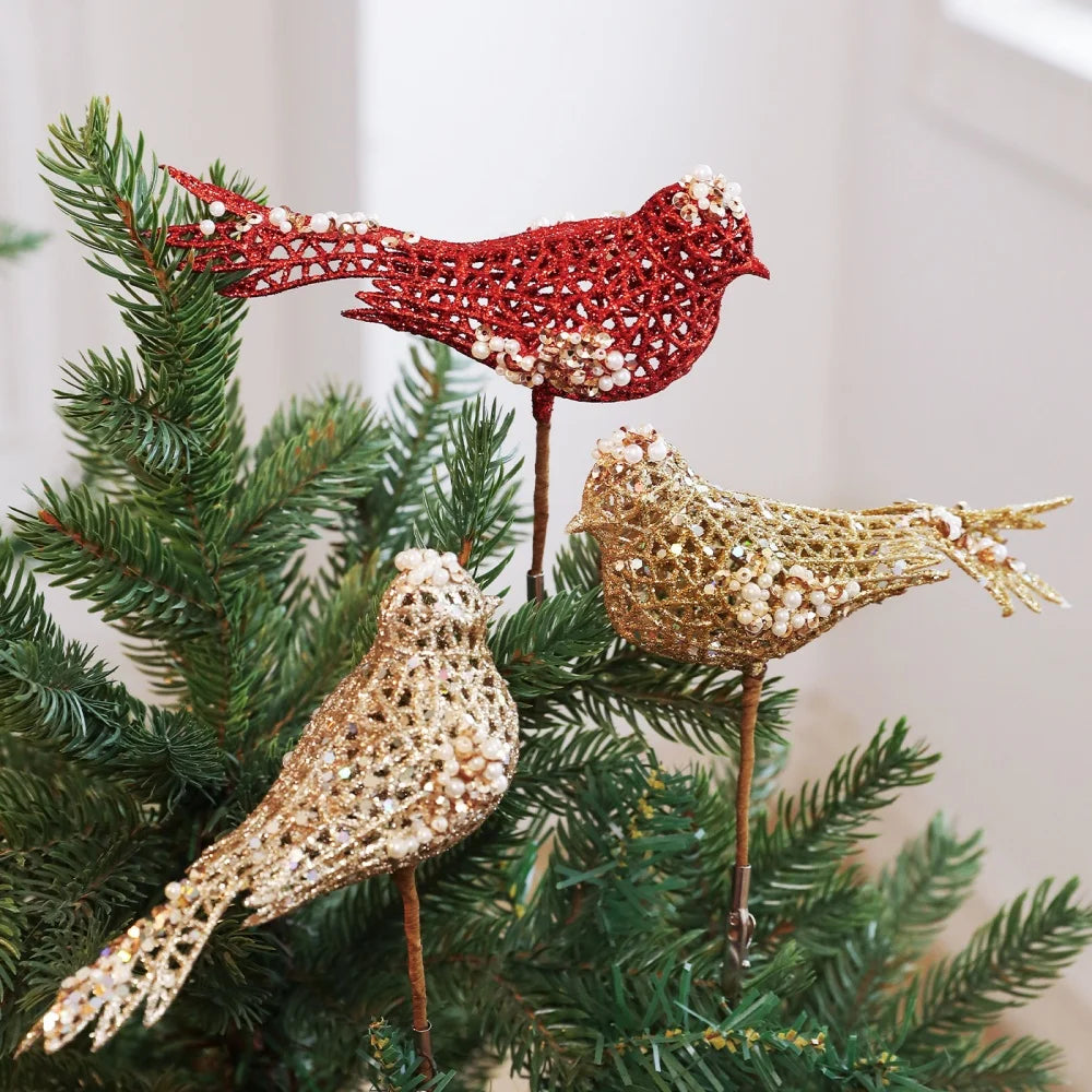 Hollow Bird Christmas Tree Decoration Sparkling Glitter Artificial Bird Ornaments Holiday New Year Party Christmas Decoration Oasis Select