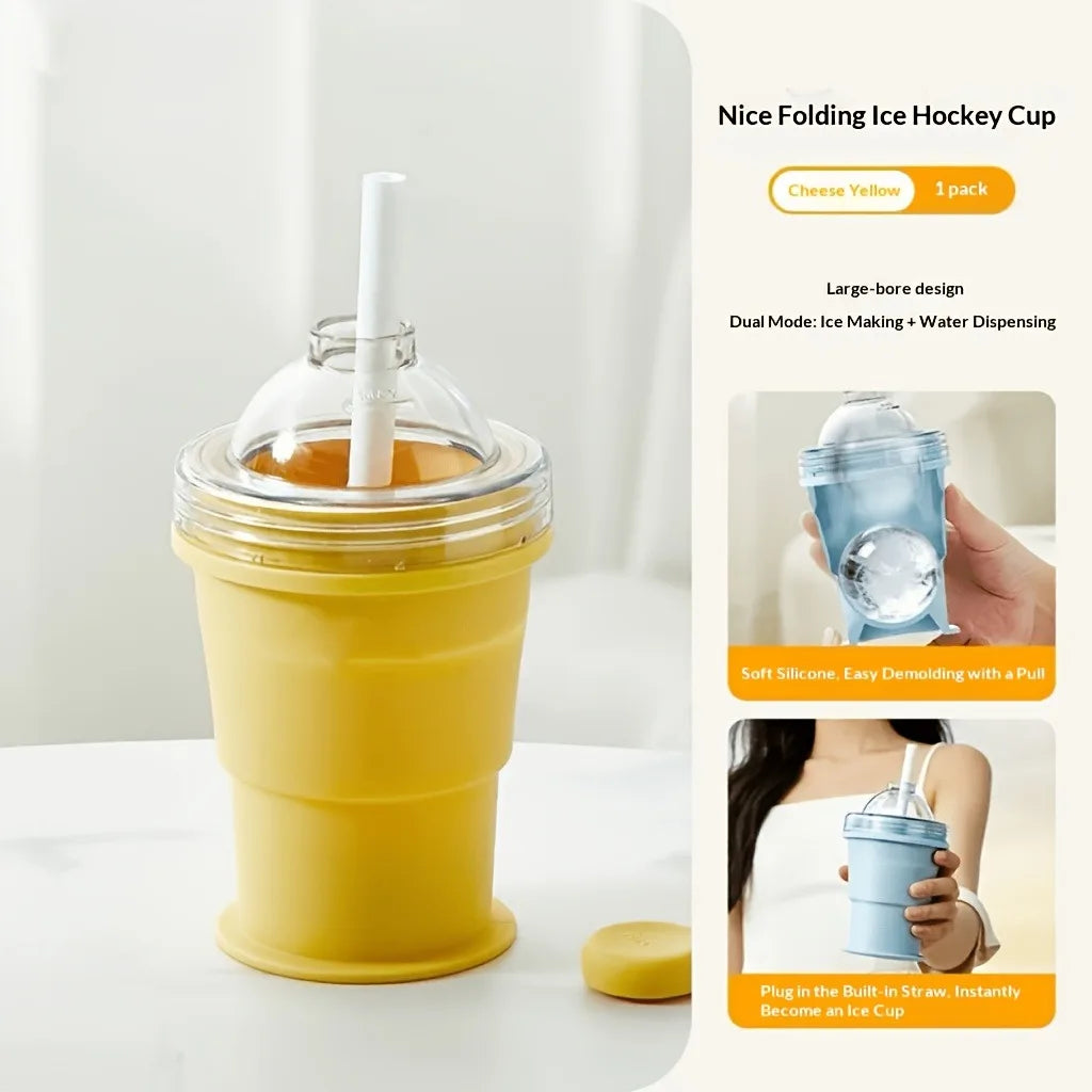 2-in-1 Portable Foldable Ice Hockey Cup, Creative Silicone Material, Whiskey Ice Cube Maker with Freezer Tray, Summer Cup Oasis Select YELLOW