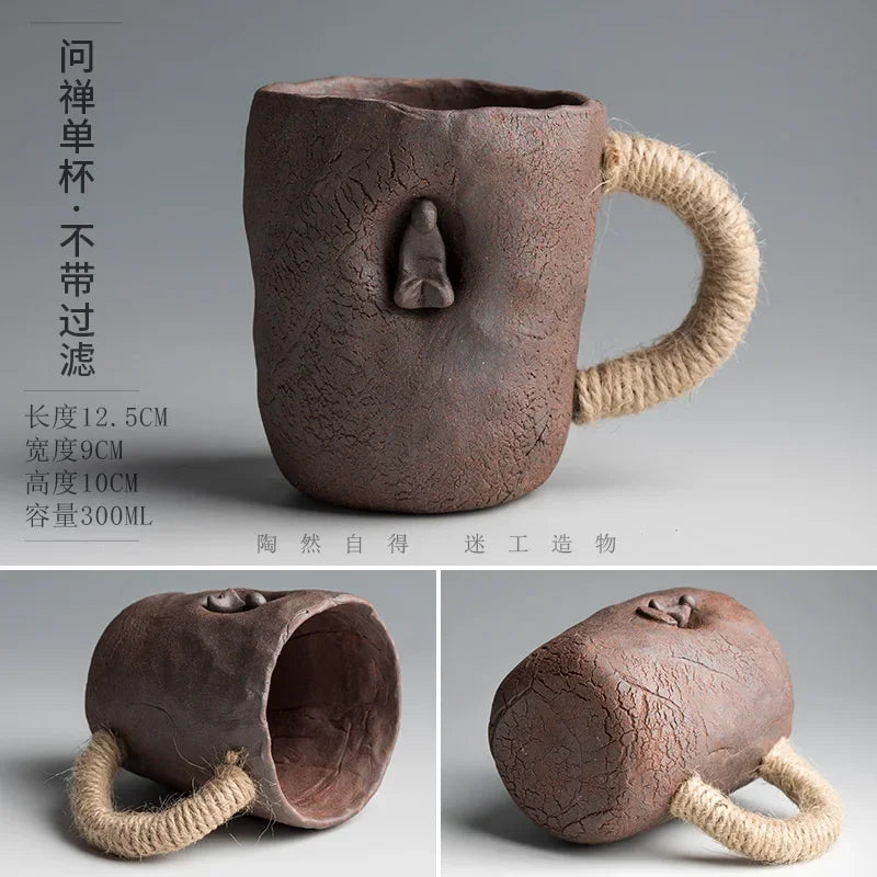 Handmade thick ceramic mug with lid spoon creative tie rope ceramic large capacity Japanese coffee cup cups Oasis Select 2 301-400ml
