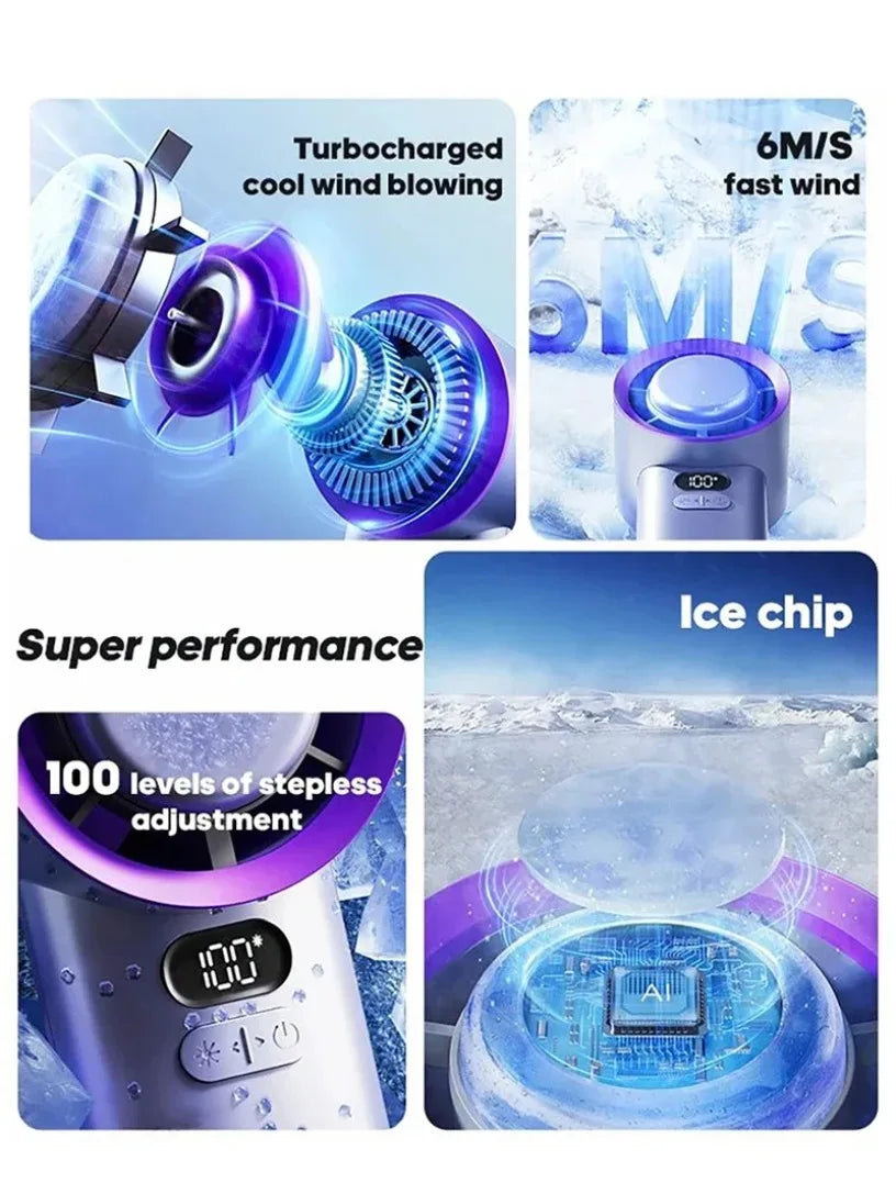 100 Wind Speeds Portable Handheld ICE Cooling Turbo Fan 3600MAH High endurance rechargeable mini fan Suitable hot summer days Oasis Select