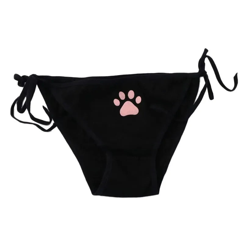 1/2/3/4pcs Women Sexy Sweet Cat Claw Briefs Low Waist Bowknot Bandage Lingerie Strings Strap Underwear Ladies Breathable Panties Oasis Select 1pcs black One Size as show
