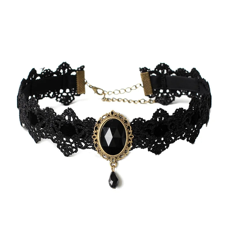 Black Lace Necklace Collar Choker Velvet Crystal Vintage Gothic Chain Pendant Oasis Select Black