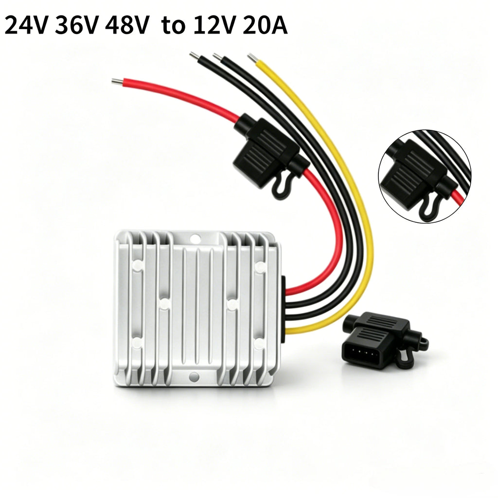 24V 36V 48V Step Down to 12V 20A Converter Buck Regulator Reducer Golf Cart Voltage Converter Waterproof Transformer with Fuse Oasis Select