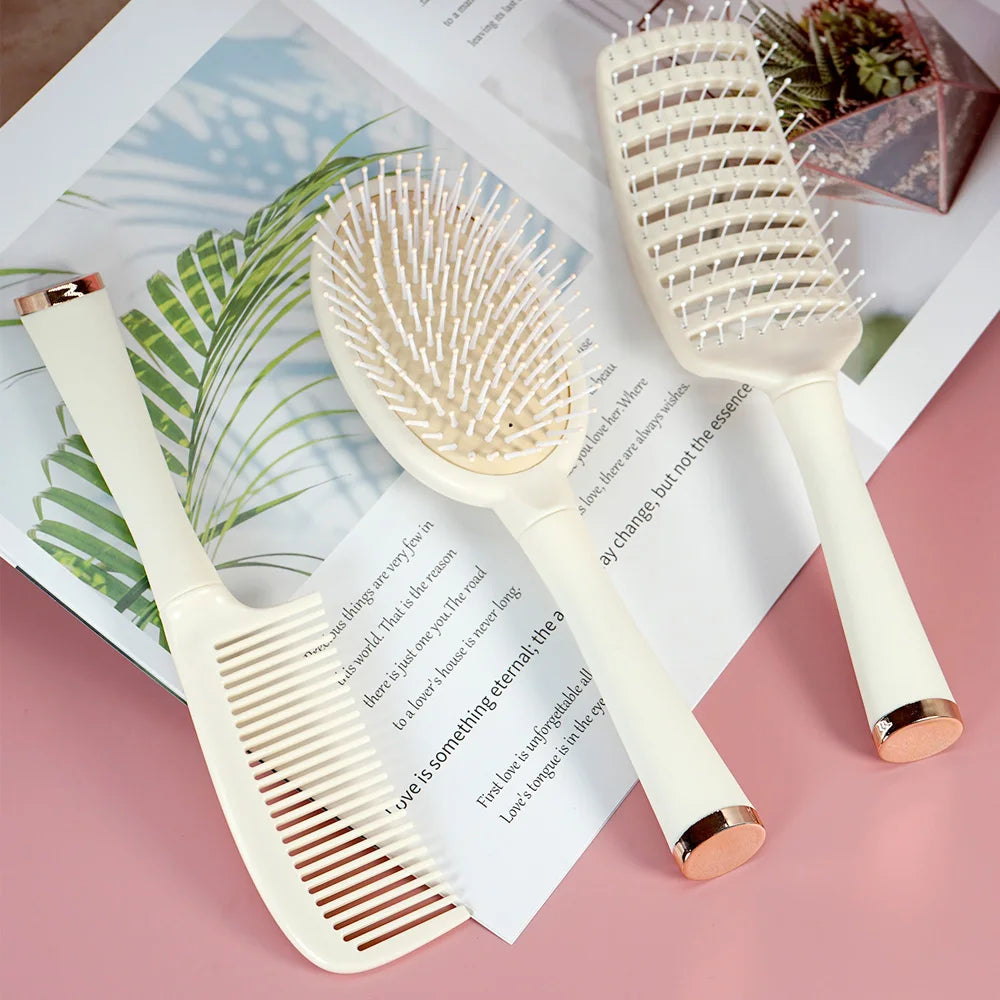 3-Piece Hair Comb Set: Cushion Massage Comb, Wide Tooth Comb & Hollow Comb - Milky White Oasis Select