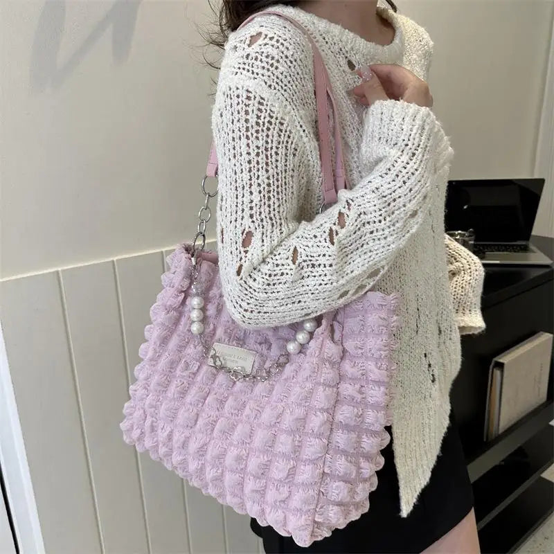 3D Bubble Tote Bag with Pearl Chain | Large Capacity Handbag