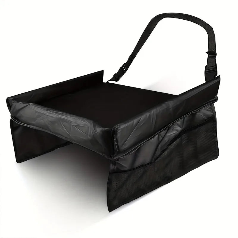 Foldable & Expandable Car Seat Travel Tray with Multiple Storage Pockets - Lightweight, Wall-Mountable Design for Airplane, Car Oasis Select black
