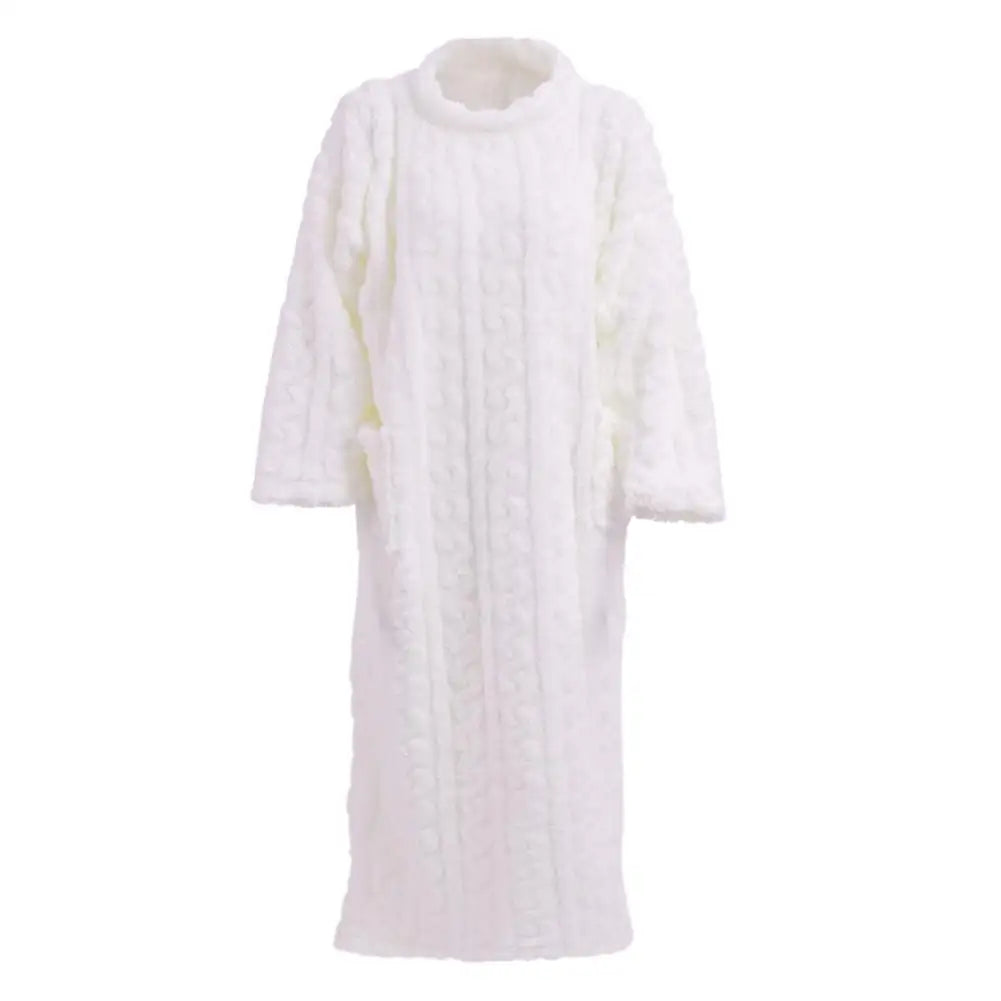 Winter Warm homewear Long Sleeve Double Pocket Flannel Nightgowns Women Loose Solid Sleepwear Jacquard Night Dress Thickened Oasis Select One size White