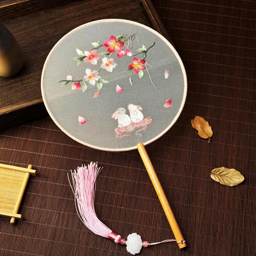 Red Flower Silk Fan Double Sided Embroidery Round Fan Chinese Palace Hanfu Hand Fan Craft Wedding Gift For Guests Home Decor Oasis Select style E CHINA 1PC