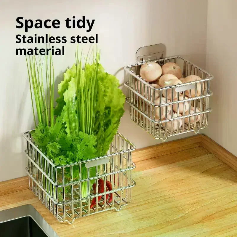 Punch-Free Wall Hanging Kitchen Shelf Storage Rack for Onion Ginger Garlic Condiments Spices Vegetables Fruits with Drain Basket Oasis Select