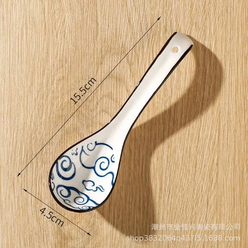 Japanese-style Small Blue And White Ceramic Spoon With Underglaze Decoration, Extended Length For Soup And Noodle Serving Oasis Select 5