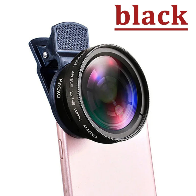 2 IN 1 Lens Universal Clip 37mm Mobile Phone Lens Professional 0.45X 49uv Super Wide-Angle + Macro HD Lens For iPhone Android Oasis Select Black