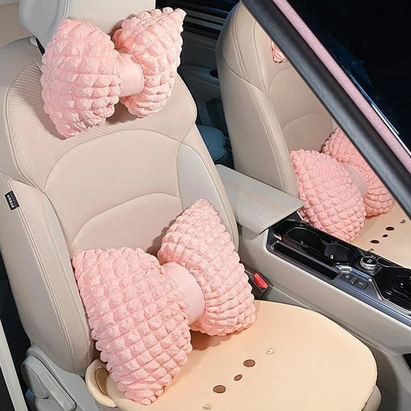 Cartoon Bowknot Neck Pillow Car Headrest Lumbar Support Soft Pink Car Waist Pillow Car Interior Decoration Cute Cushion Oasis Select