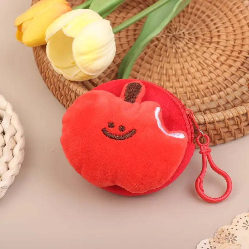 Cute Red Fruit Plush Coin Purse Mini Zipper Pouch With Keychain Cartoon Fruit Wallet For Earphones Coins Bag Charm Gift Oasis Select Round