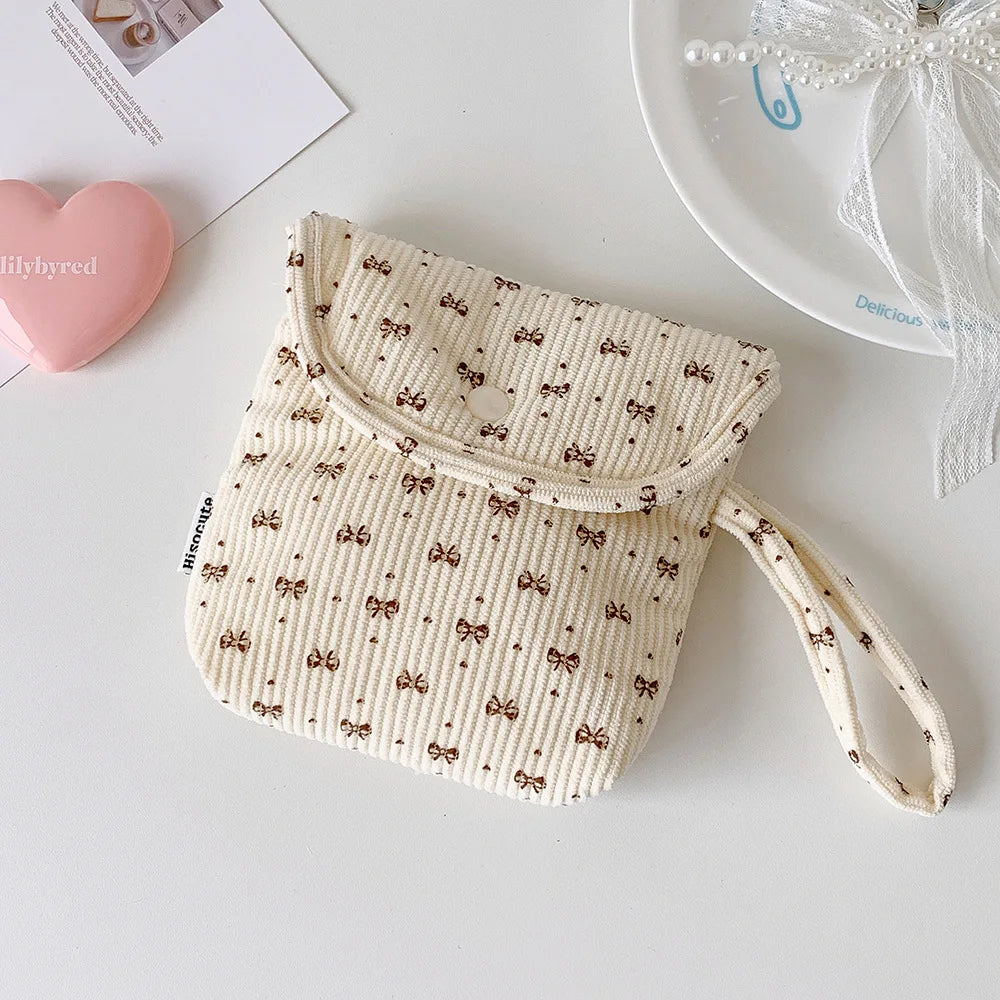 Corduroy Makeup Bag Premium Portable Storage Bag Cosmetic Organizer Bag Spacious Bow Sanitary Napkin Pouch For Gift For Women Oasis Select Beige