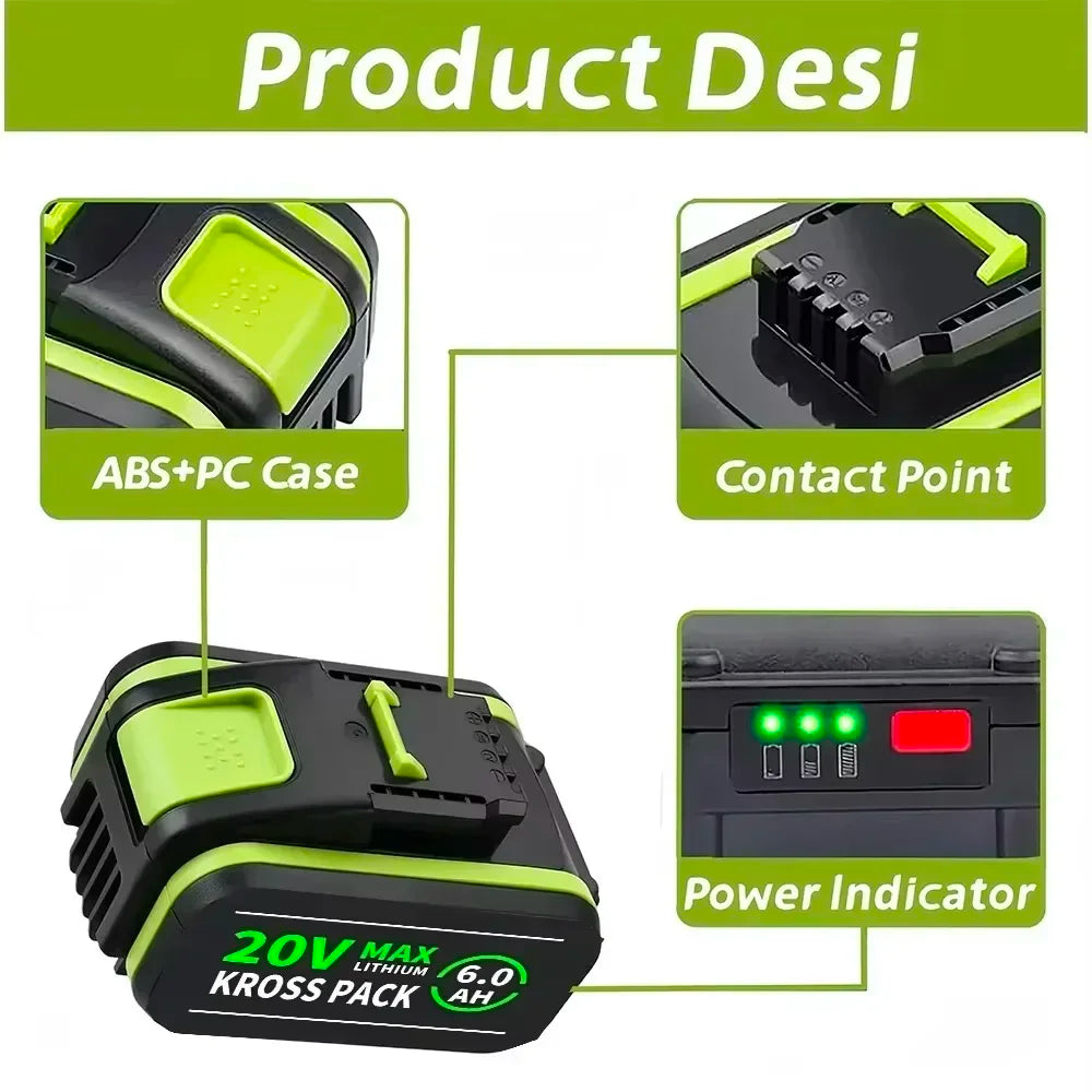 20v 6.0Ah/8.0Ah Li-ion Battery for Worx WA3553/WA3551 20V Cordless Power Tool Battery WA3572 WX390 WX176 WX178 WU268 with LED Oasis Select