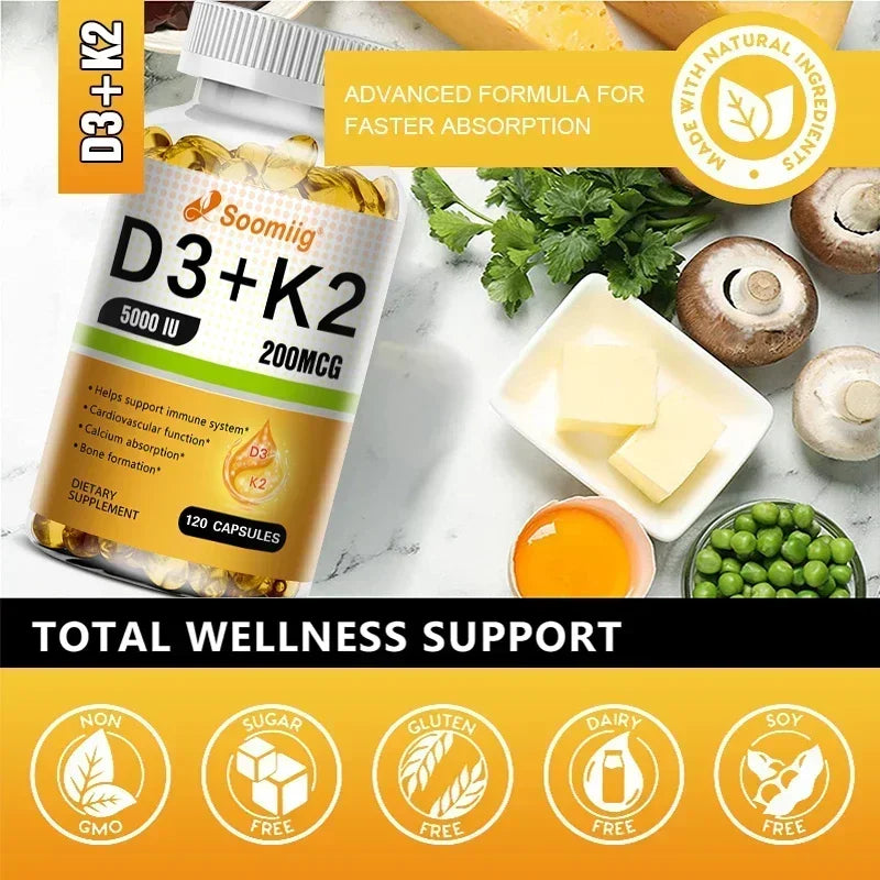 Vitamin D3 5000IU and 200 Mcg Vitamin K2 (MK-7) Capsules for Calcium Absorption, Bone Regeneration, Immune Support, Easy To Melt Oasis Select