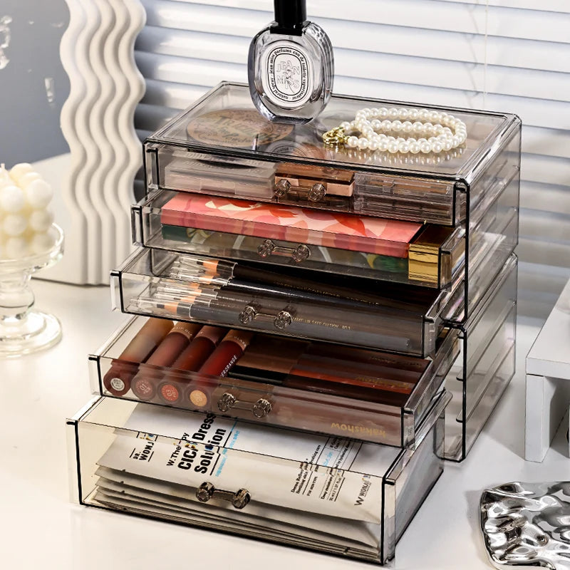 1pc Desktop Drawer Style Acrylic Transparent Black Cosmetics Storage Box Desktop Stackable Office Supplies Skincare Organizer Oasis Select