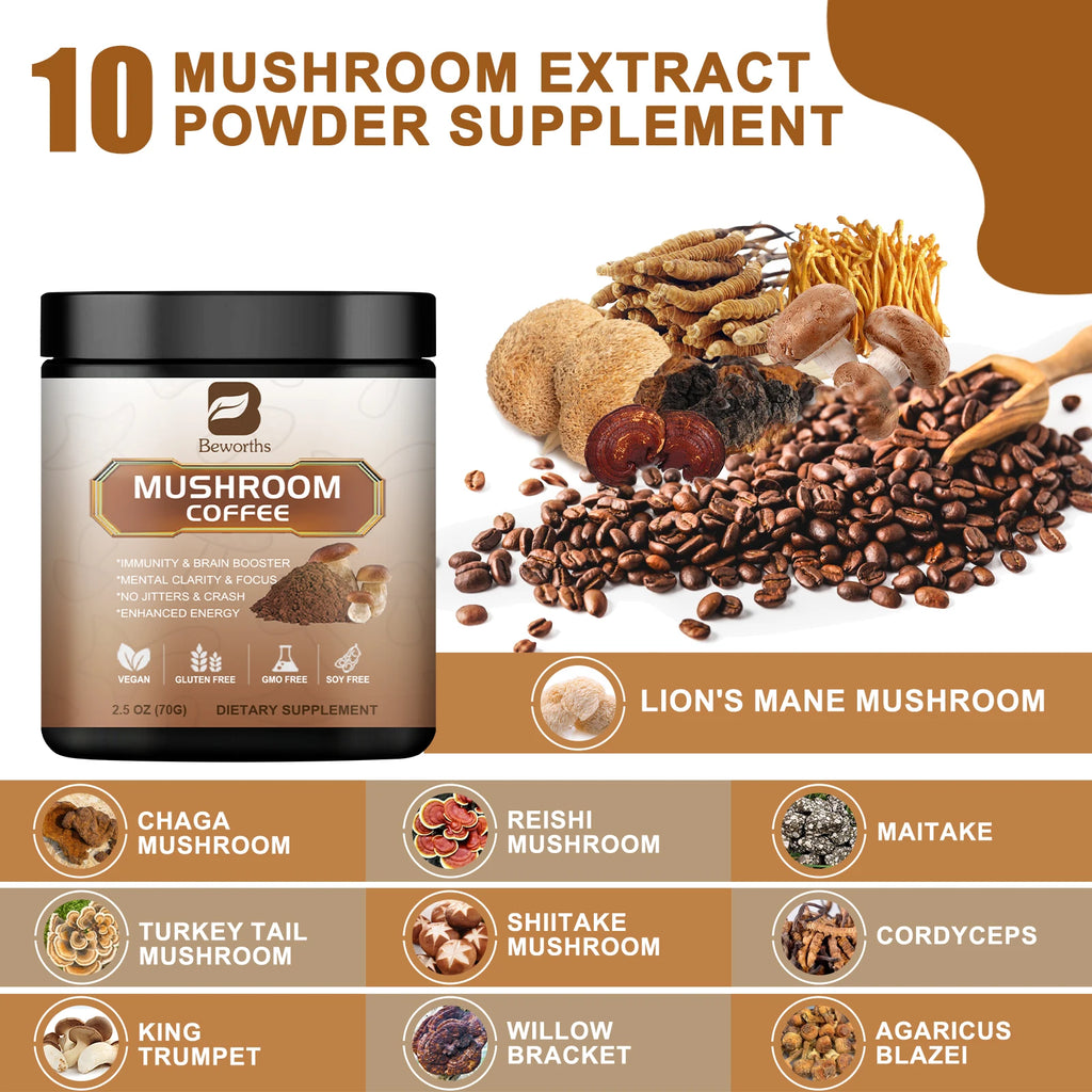 BWEORTHS 120G Mushroom Coffee for Immunity and Focus Health Boost Memory Non-GMO, Gluten-Free 1 Spoonful Per Day Oasis Select