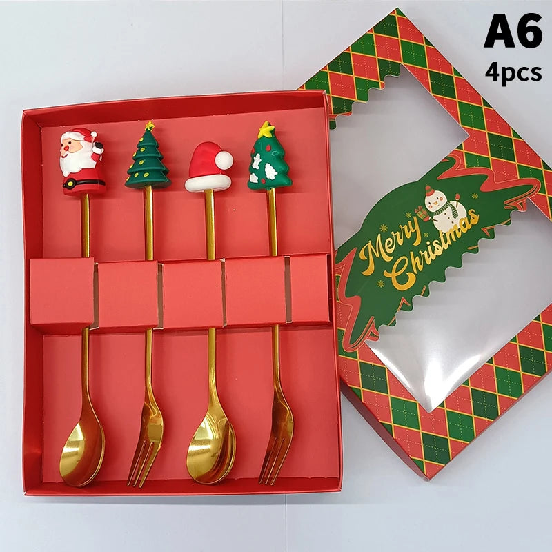 Stainless Steel Christmas Dessert Spoons Cake Forks Cartoon Tree Elk