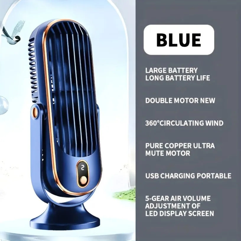 Dual Motor Ice Fan USB Desk 5-Speed LED Screen 360° Cooling Large Battery Portable for Office Home Travel Camping ﻿ Oasis Select
