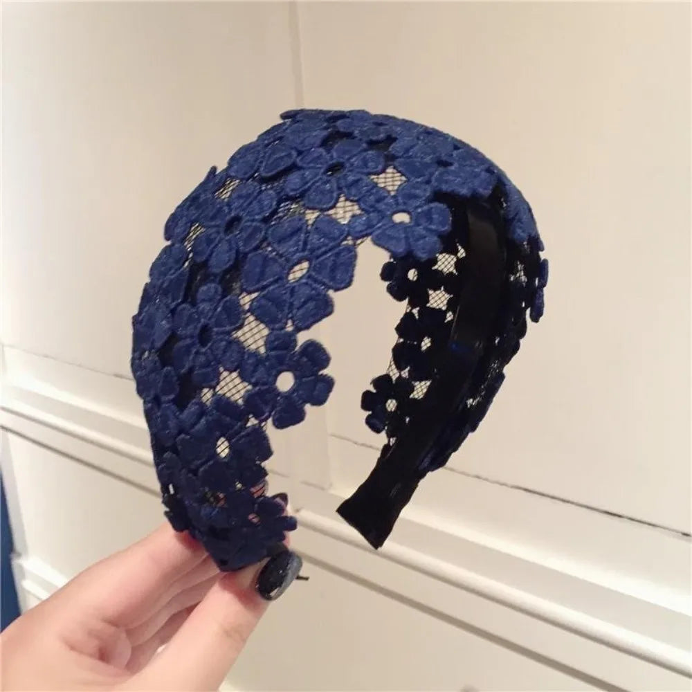 Fashion Embroidery Flower Lace Headband Anti-Slip Wide Edge Hair Hoop Handmade Hair Band Hair Accessories Oasis Select Dark Blue