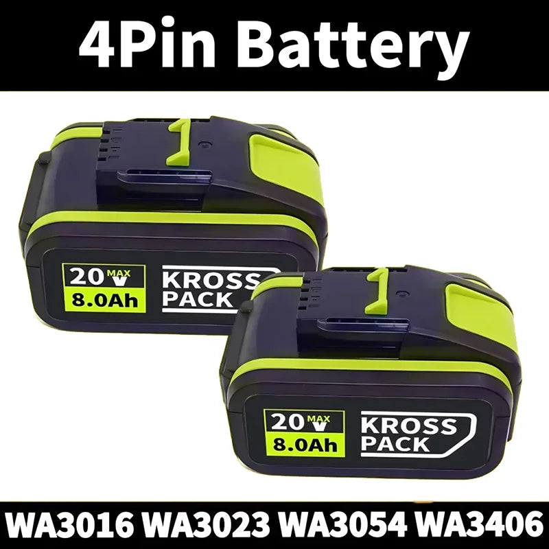 WORX 20V High-Capacity Li-Ion Rechargeable Battery 6.0Ah/8.0Ah Compatible with WA3551 WA3551.1 WA3553 WA3641 WX373 WX390 Tools Oasis Select B-4Pin-8.0Ah (2pcs)