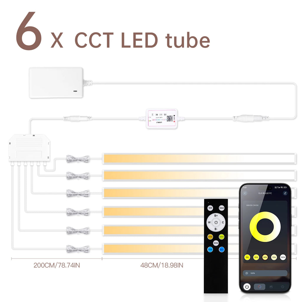 LED Wall Light Tube CCT Adjustable in 6 colors,Remoter/Bluetooth Control Brightness Dimming,Ceiling Acoustic Panel Decor Lightin Oasis Select 6PCS LED Wall Light USA Power Plug 2700K-6500K