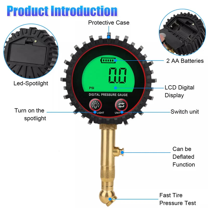 Tire Pressure Gauge 3-255PSI Backlight LCD Display Digital Air Pressure Gauge For Car Trucks Bikes Oasis Select