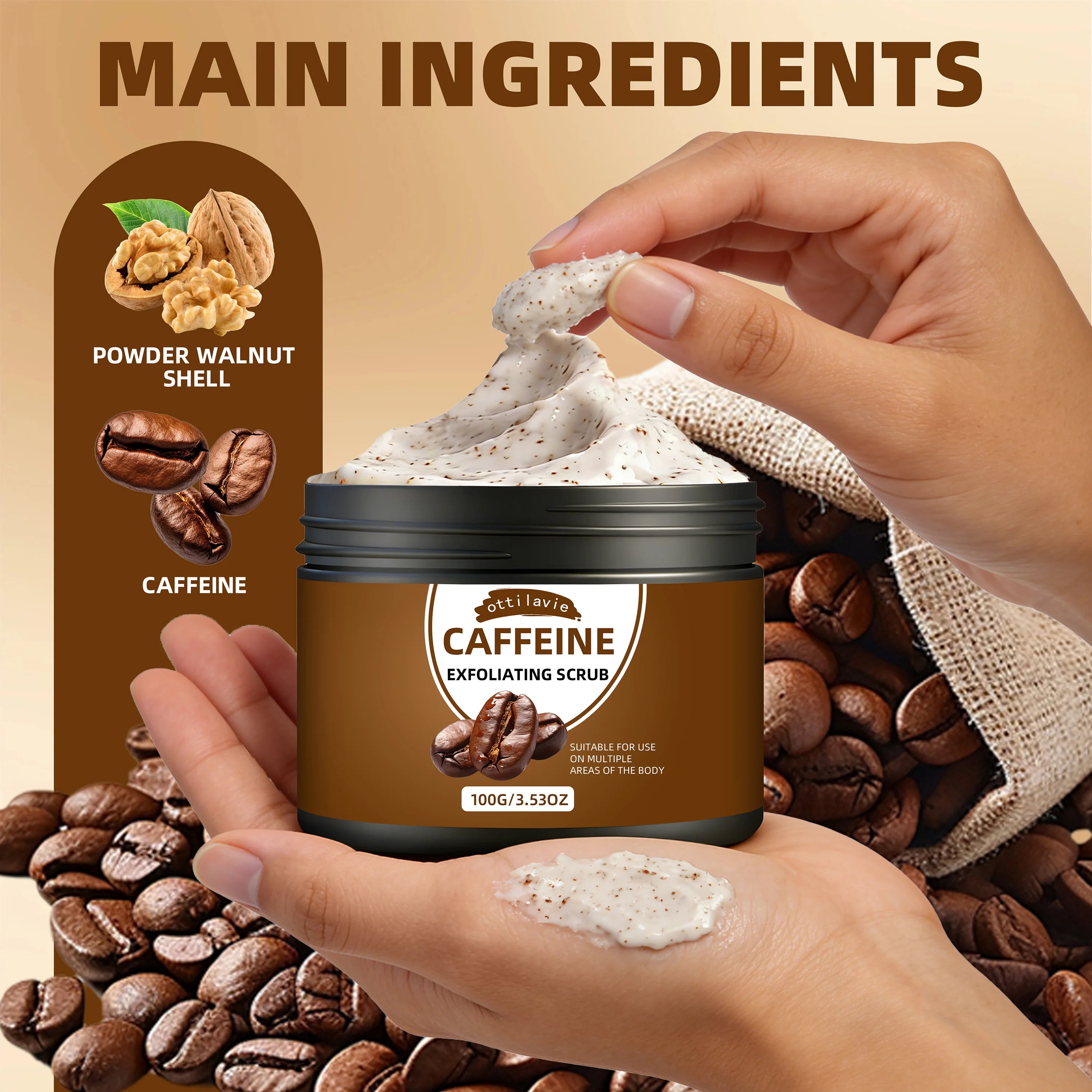 Ottilavie Caffeine Exfoliating Scrub, Gentle Exfoliating Deep Cleansing For Hands, Feet & Body, Daily Skincare Routine Oasis Select