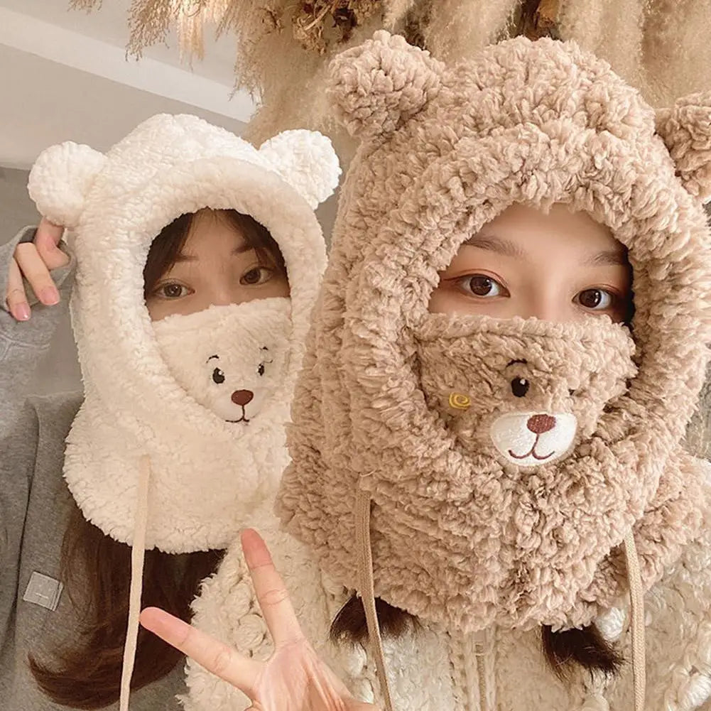 2025NEW Winter Cartoon Hat With Mask Bear Lamb Beanie Hats Warm Thickened Ear Protection Beanies for Women Girl Kawaii Oasis Select