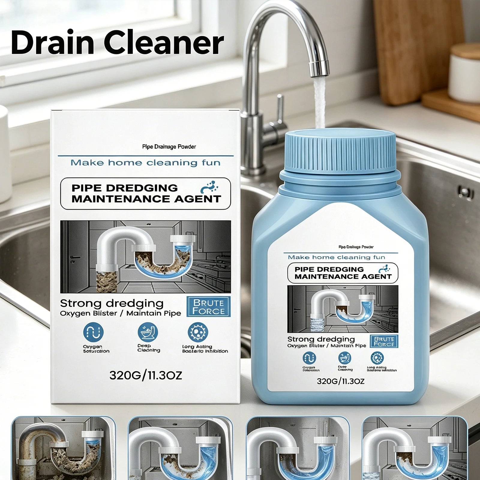 320g Drain Cleaner Kitchen Grease Hair Clog Remover Dissolve Organic Residue Odor Eliminator Gentle on Pipes Home Sink Cleaner Oasis Select