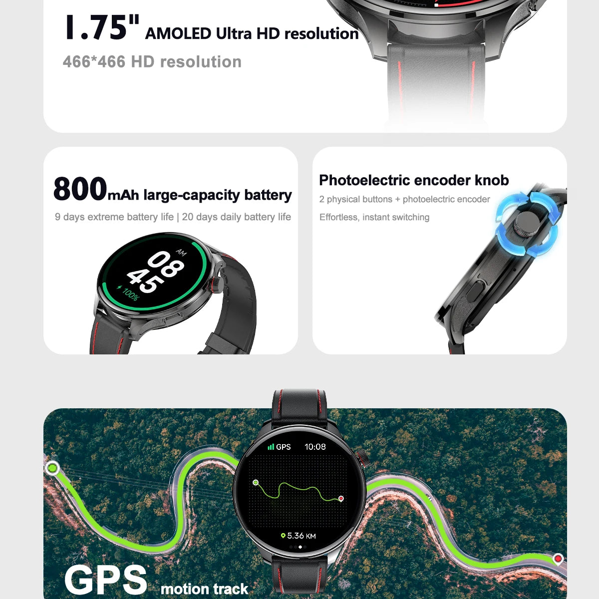 Outdoor GPS Smart Watch 1.75" AMOLED Fitness Smartwatch Men 110+ Sports Modes 800mAh BT Call Health Monitoring Sports Tracking Oasis Select
