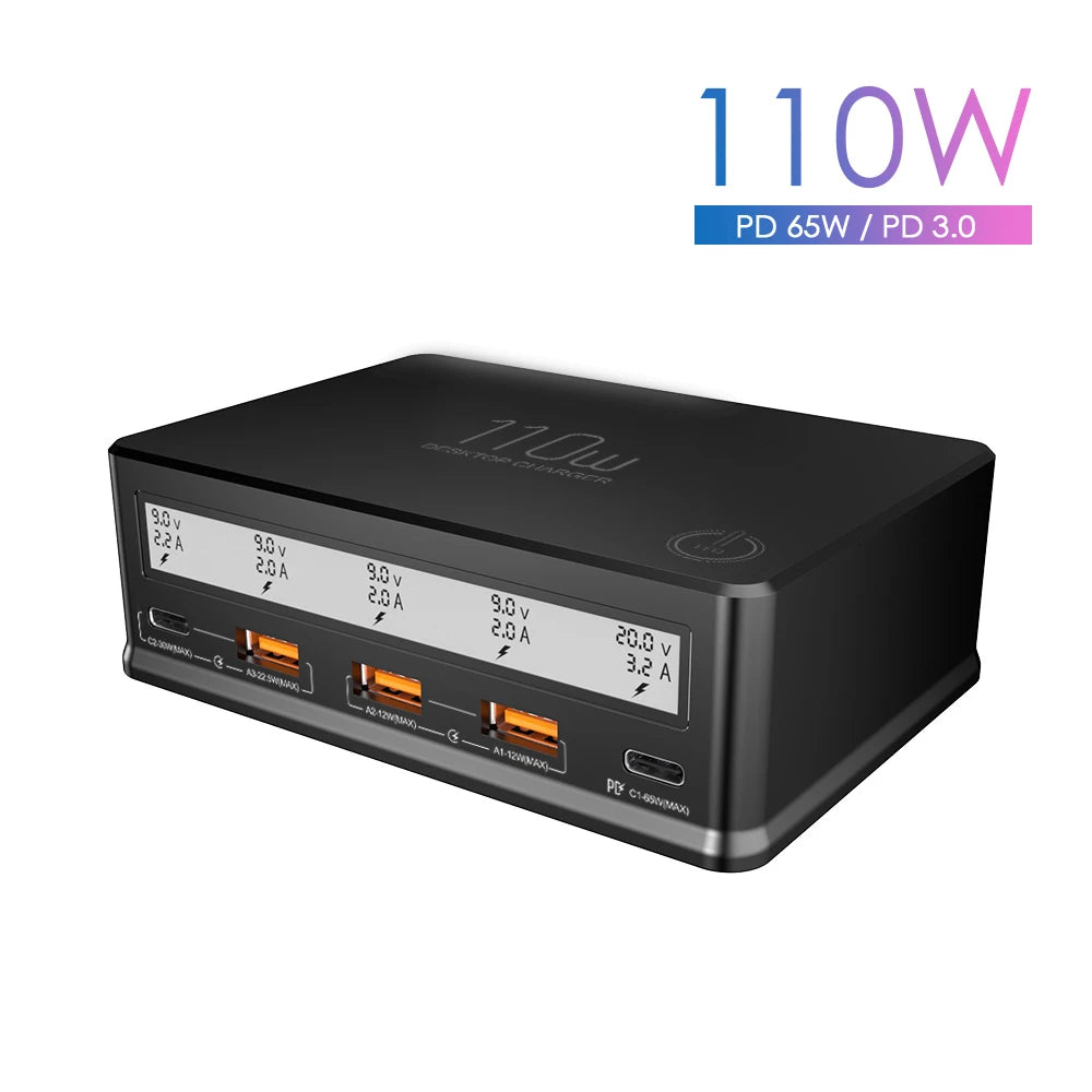 USB Wall Charger 110W 5-Port USB Charging Station Multi Port USB Hub Charger Compact Size LCD Display Compatible with Smartphone Oasis Select