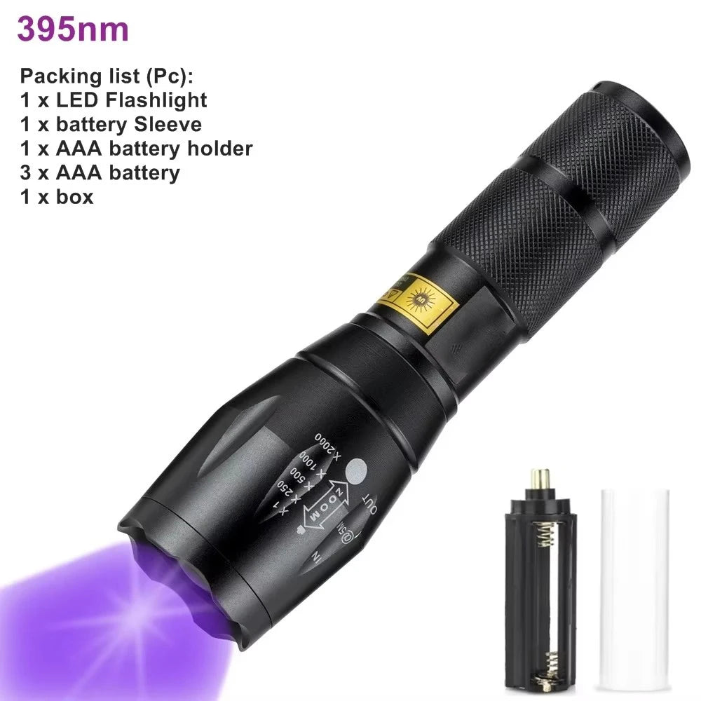 Zoom UV LED Flashlight 365nm 395nm Invisible Ink Marker Cat Dog Urine Tinea Ore Money Scorpion Fluorescence Light Use AAA 18650 Oasis Select R5T6-395