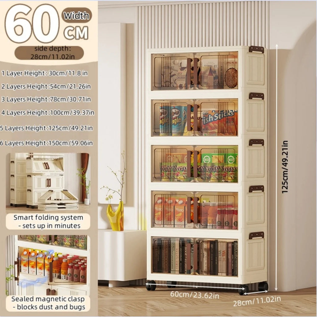 Foldable storage cabinet - movable multi-level double-door storage cabinet - living room and kitchen transparent storage box Oasis Select 5 Tier Gray