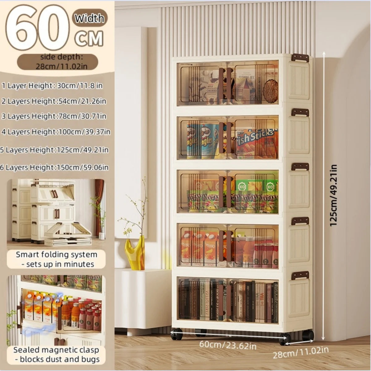 Foldable storage cabinet - movable multi-level double-door storage cabinet - living room and kitchen transparent storage box Oasis Select 5 Tier Gray