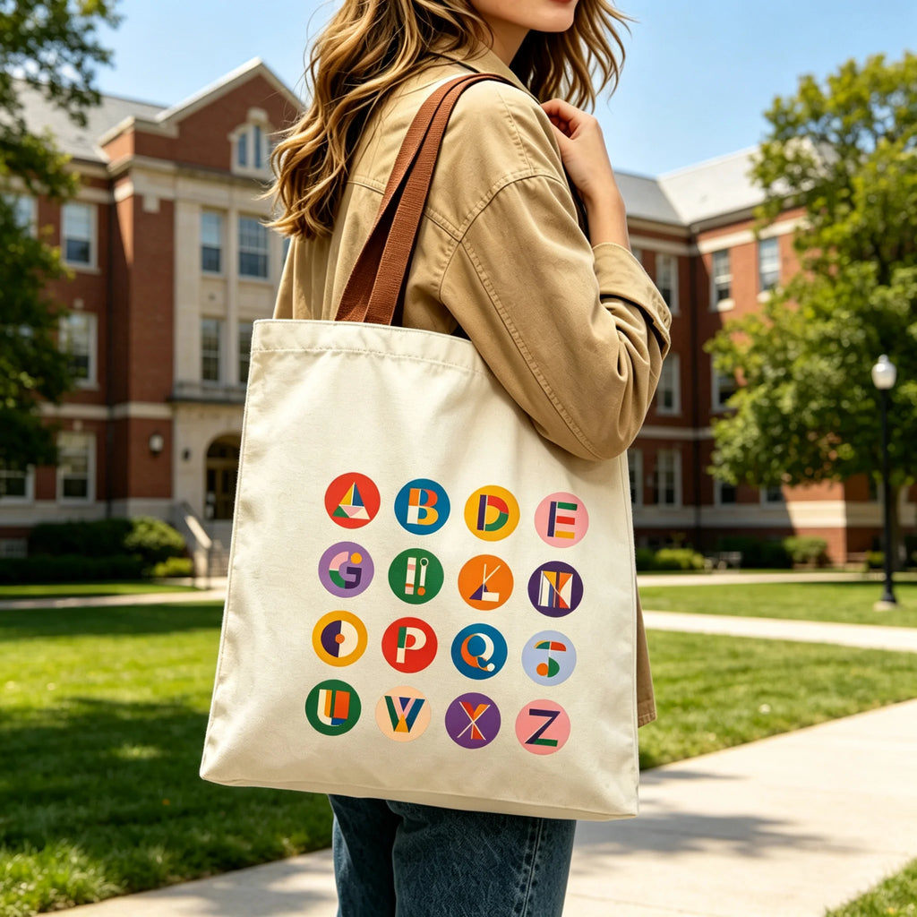 Vibrant Geometric Alphabet Canvas Tote Bag Large Cotton Shoulder Bag Student Travel Shopping Handbag Color Handle Oasis Select